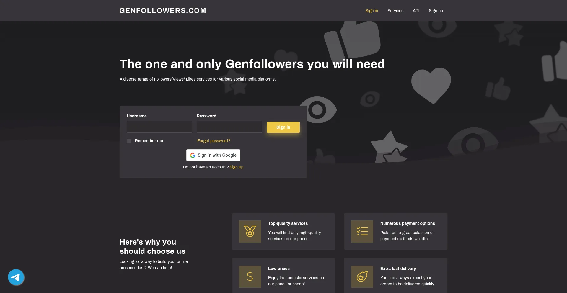 Website screenshot of Genfollowers.com