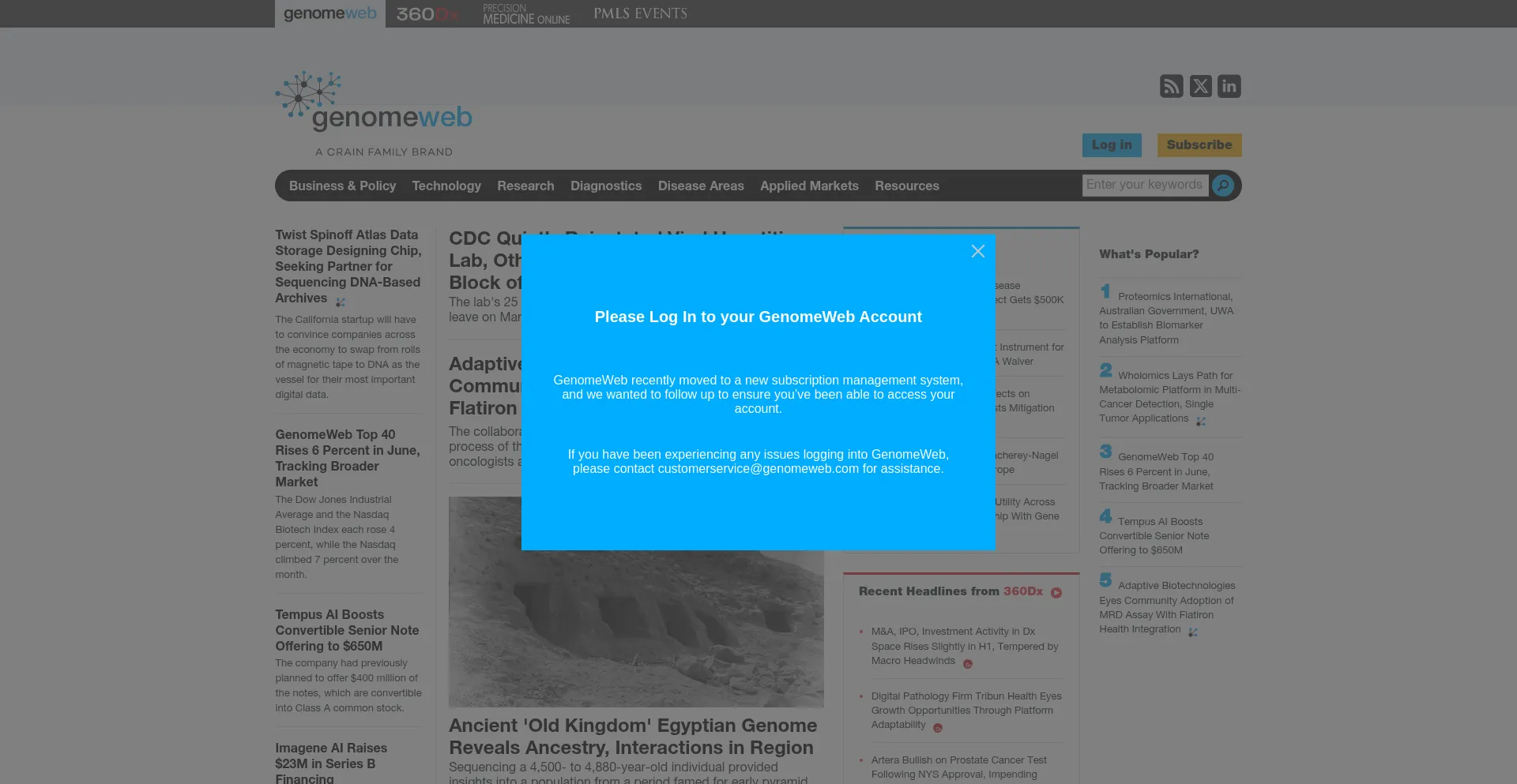 Website screenshot of Genomeweb.com