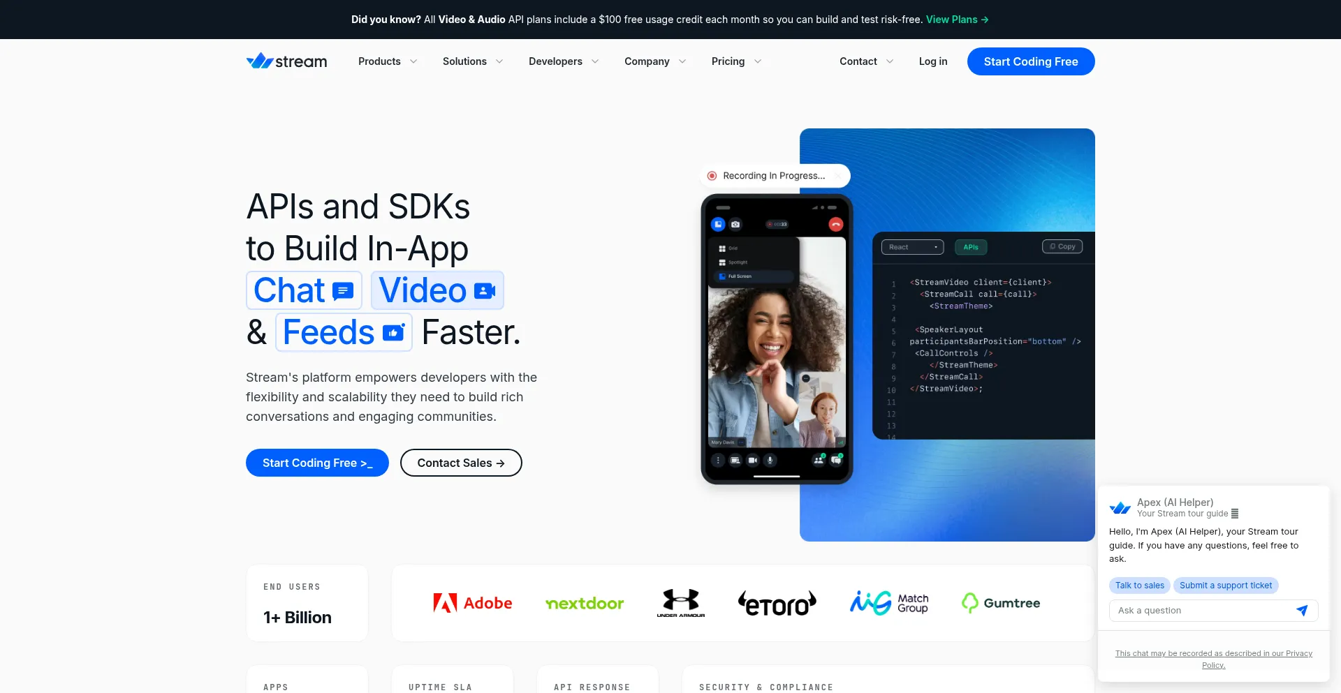 Website screenshot of Getstream.io