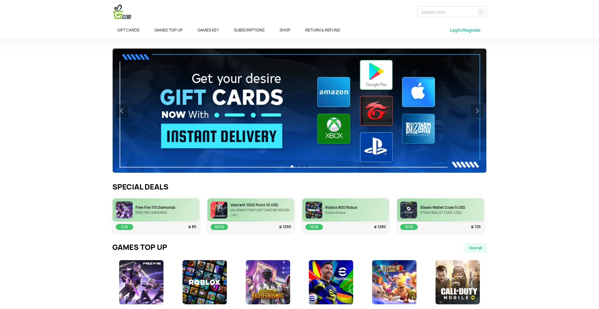 Website screenshot of Giftcardszonebd.com