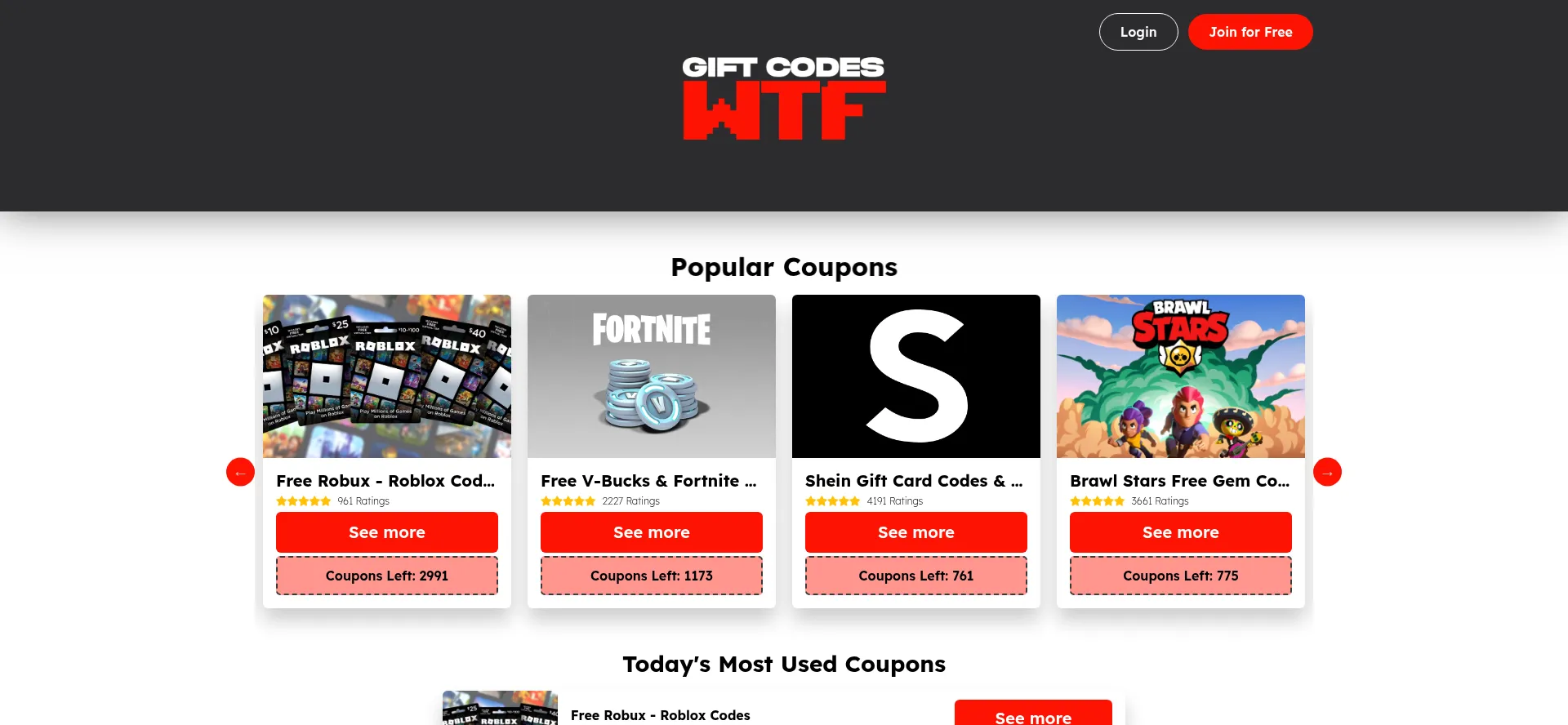 Website screenshot of Giftcodes.wtf