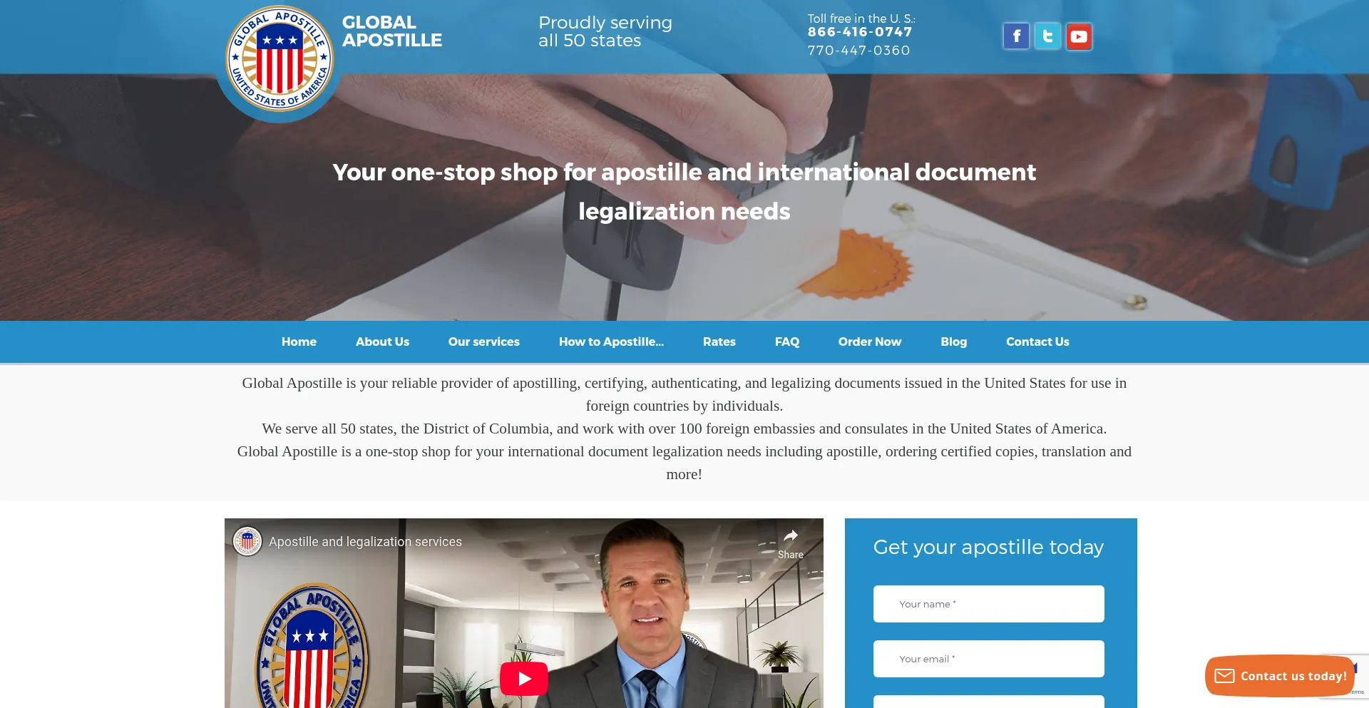 Website screenshot of Globalapostille.us