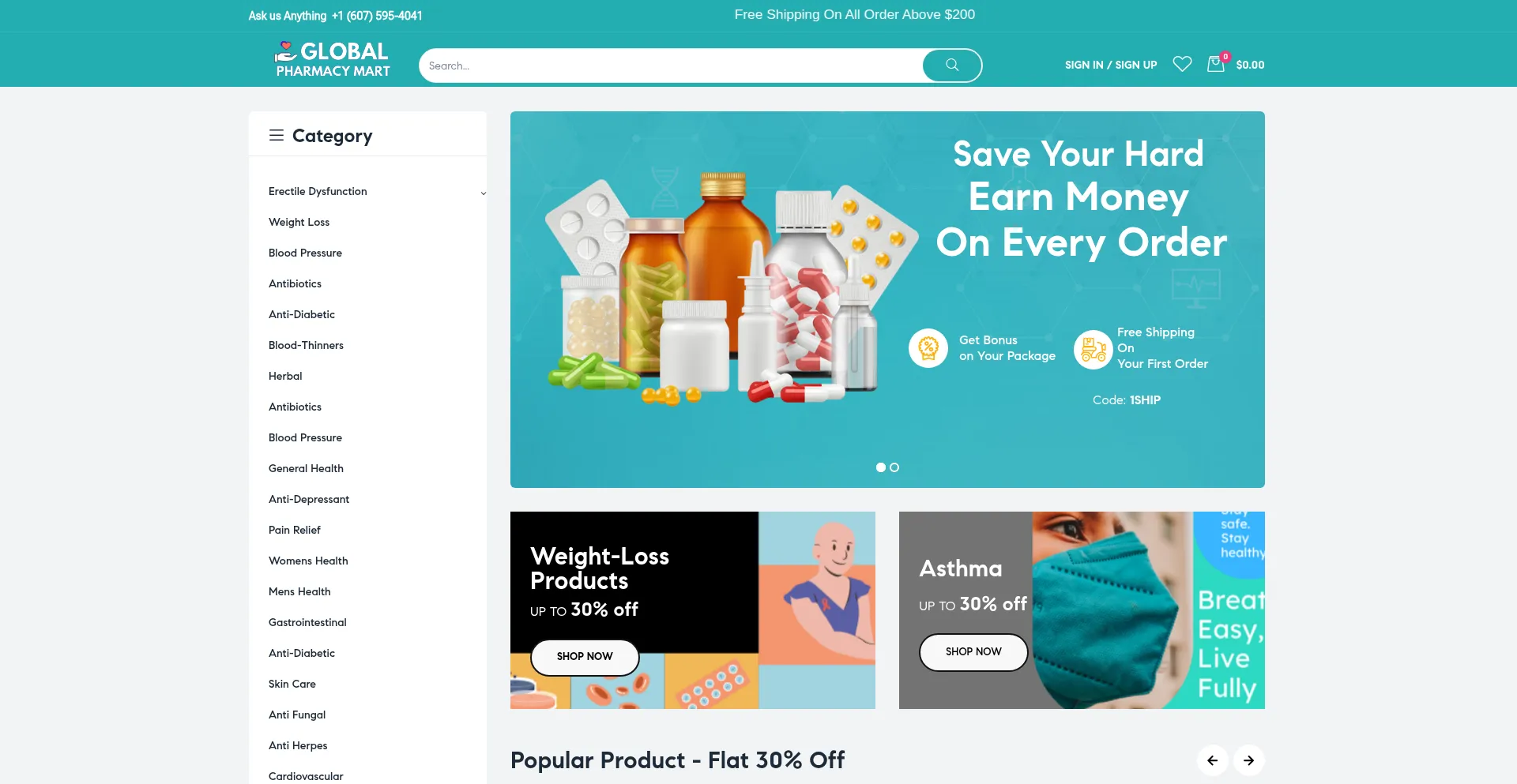 Website screenshot of Globalpharmacymart.com