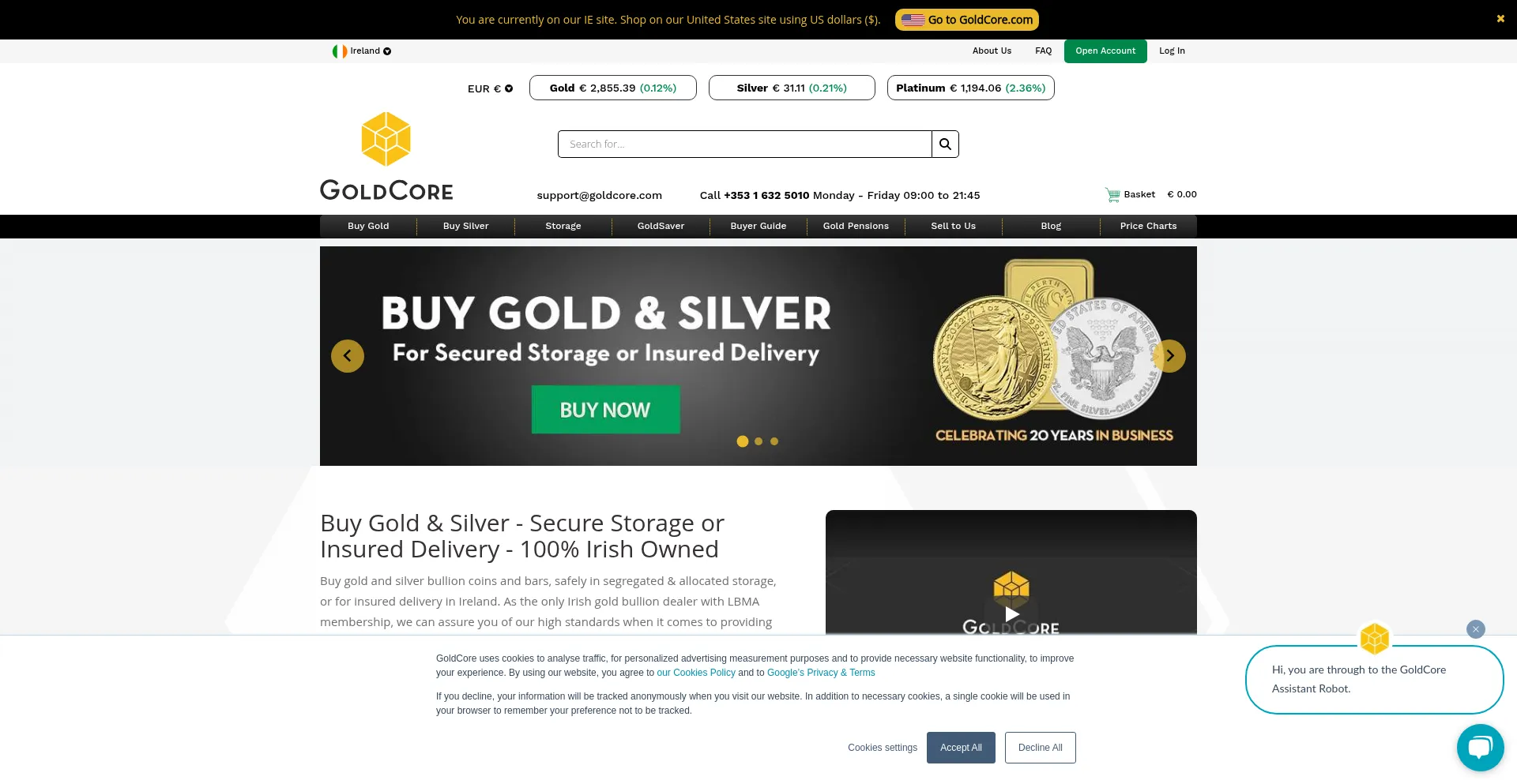Website screenshot of Goldcore.ie