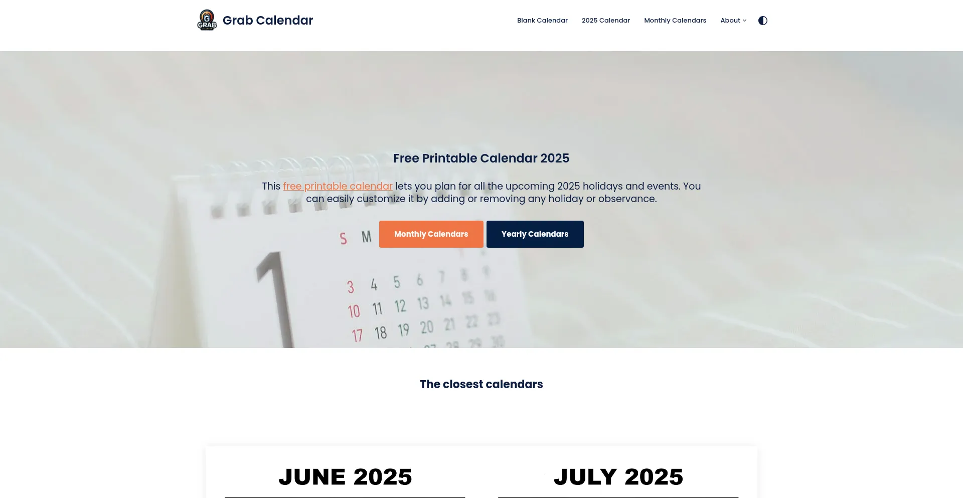 Website screenshot of Grabcalendar.com