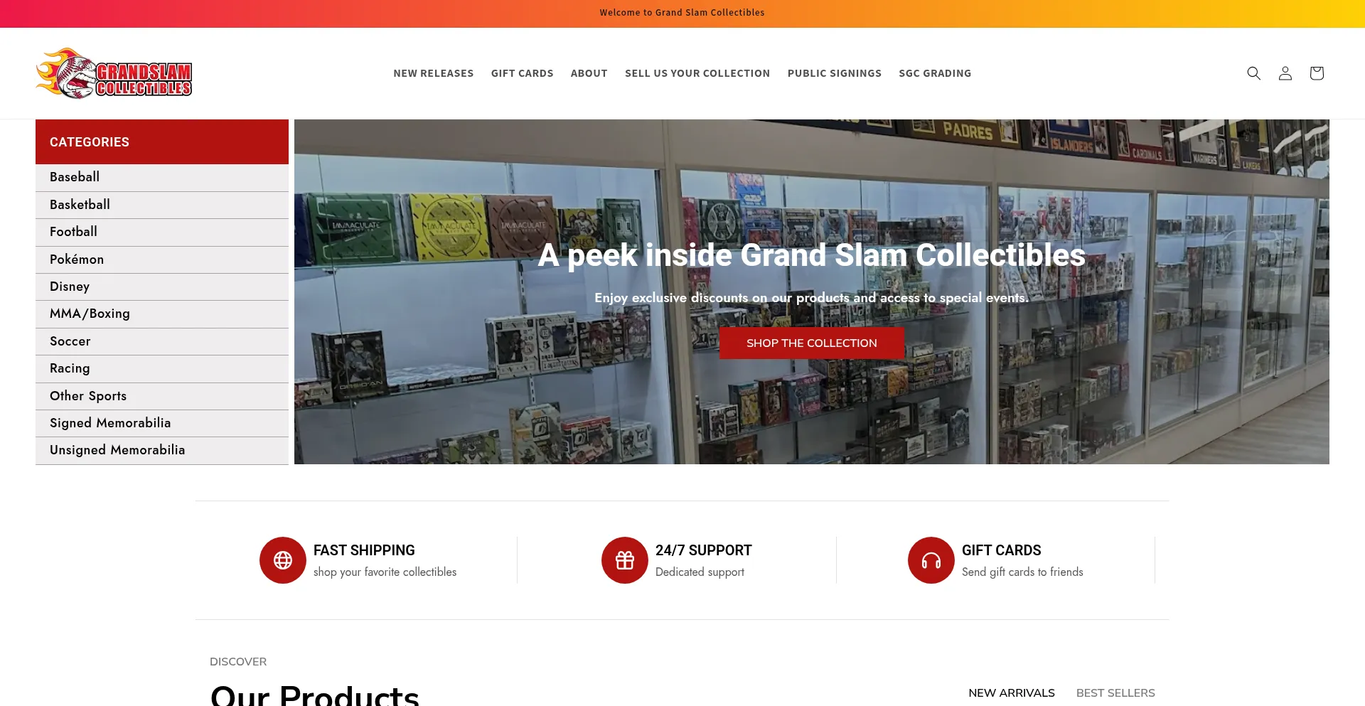 Website screenshot of Grandslamcollectibles.com