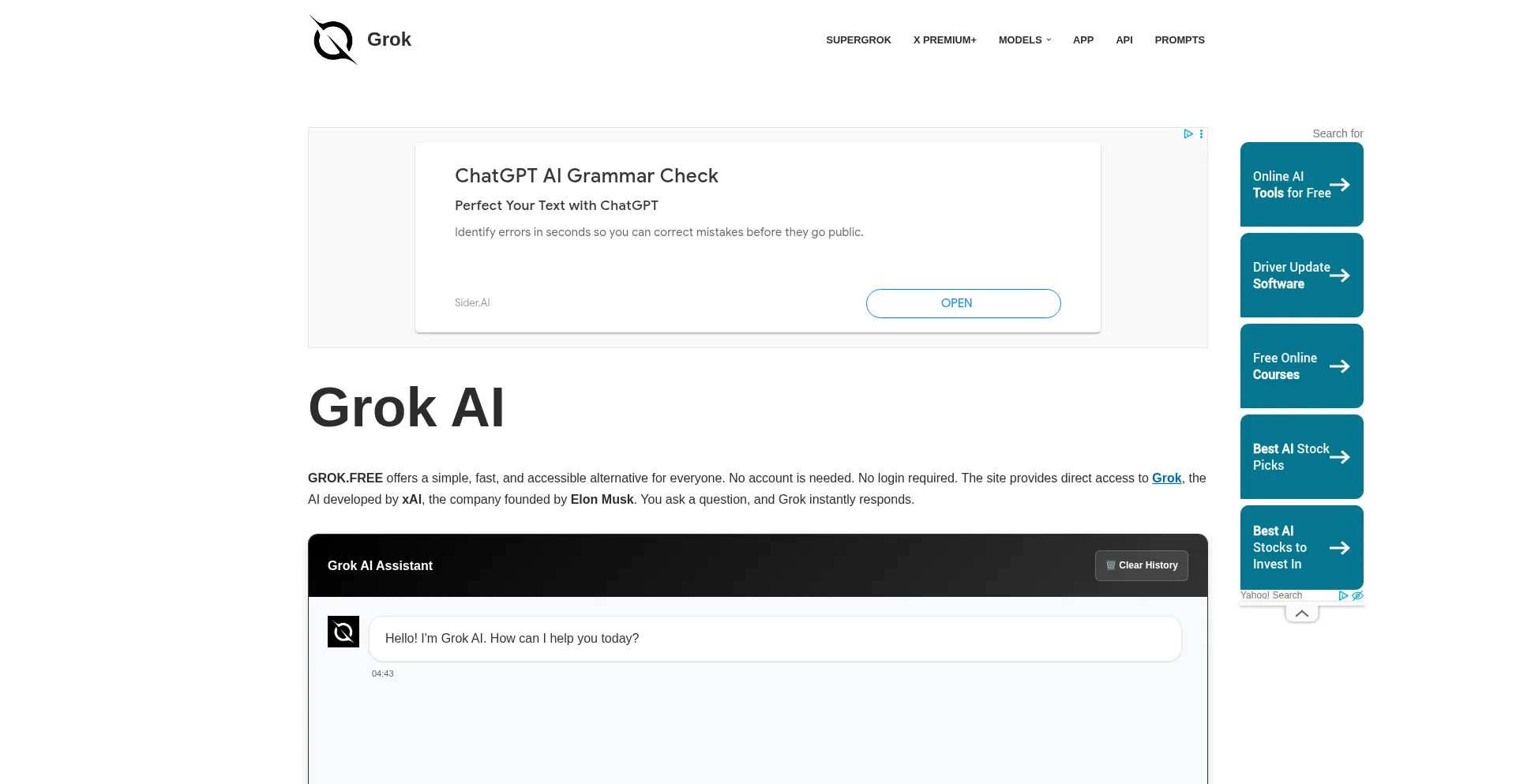 Website screenshot of Grok.free