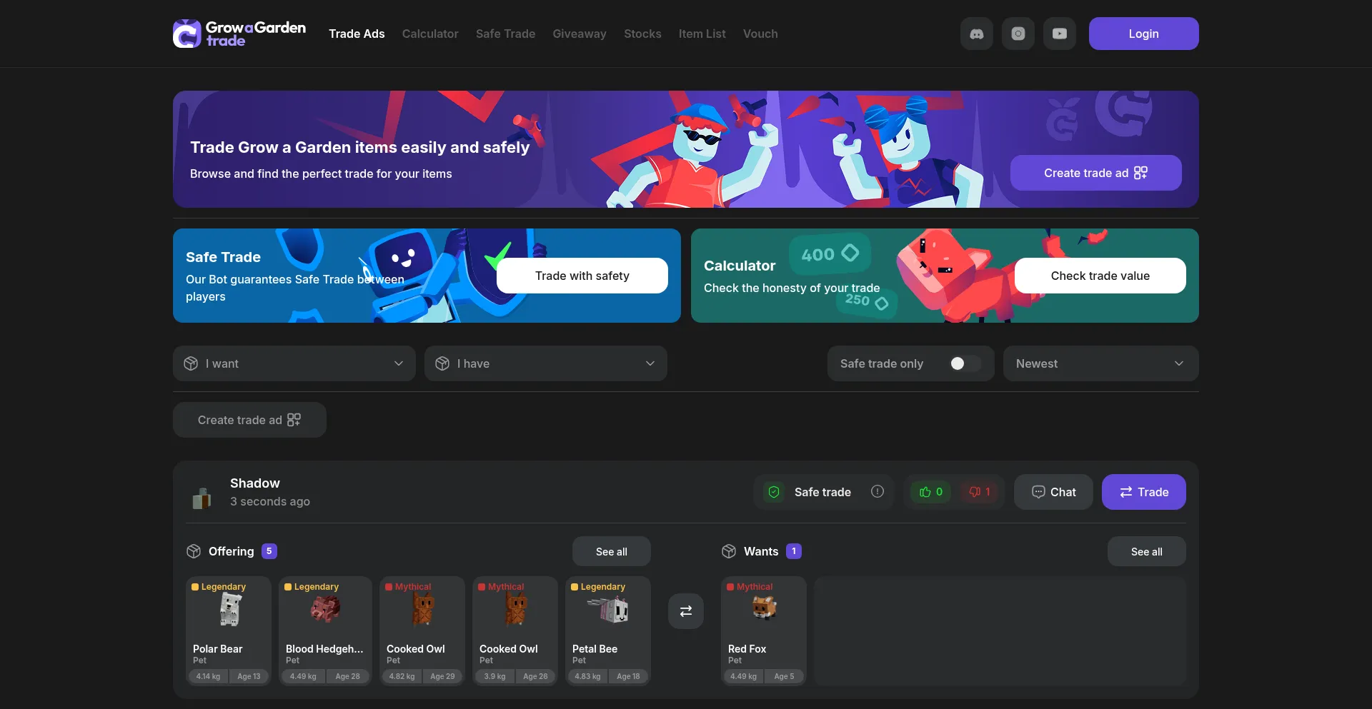 Website screenshot of Growagarden.trade
