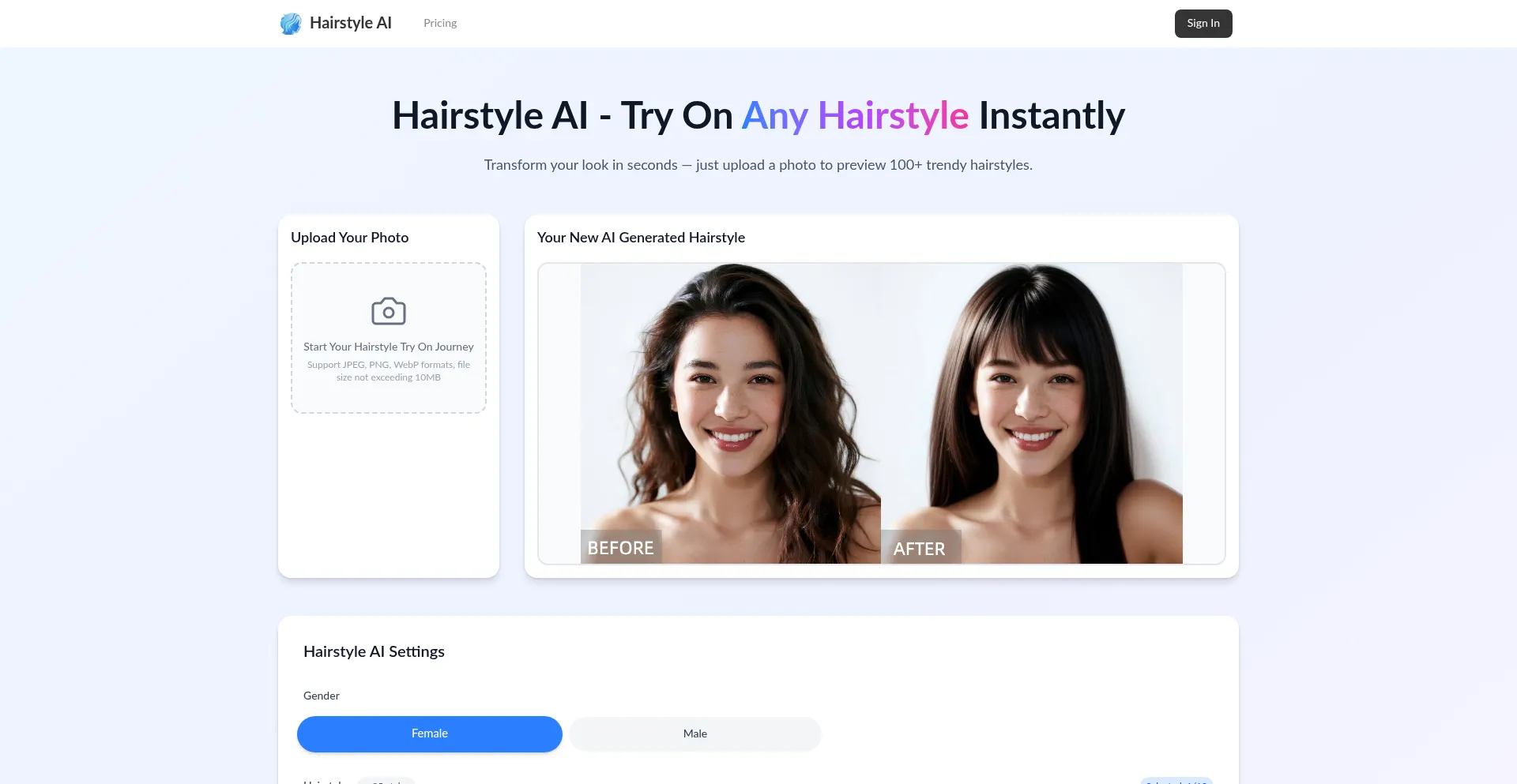 Website screenshot of Hairstyleai.ai