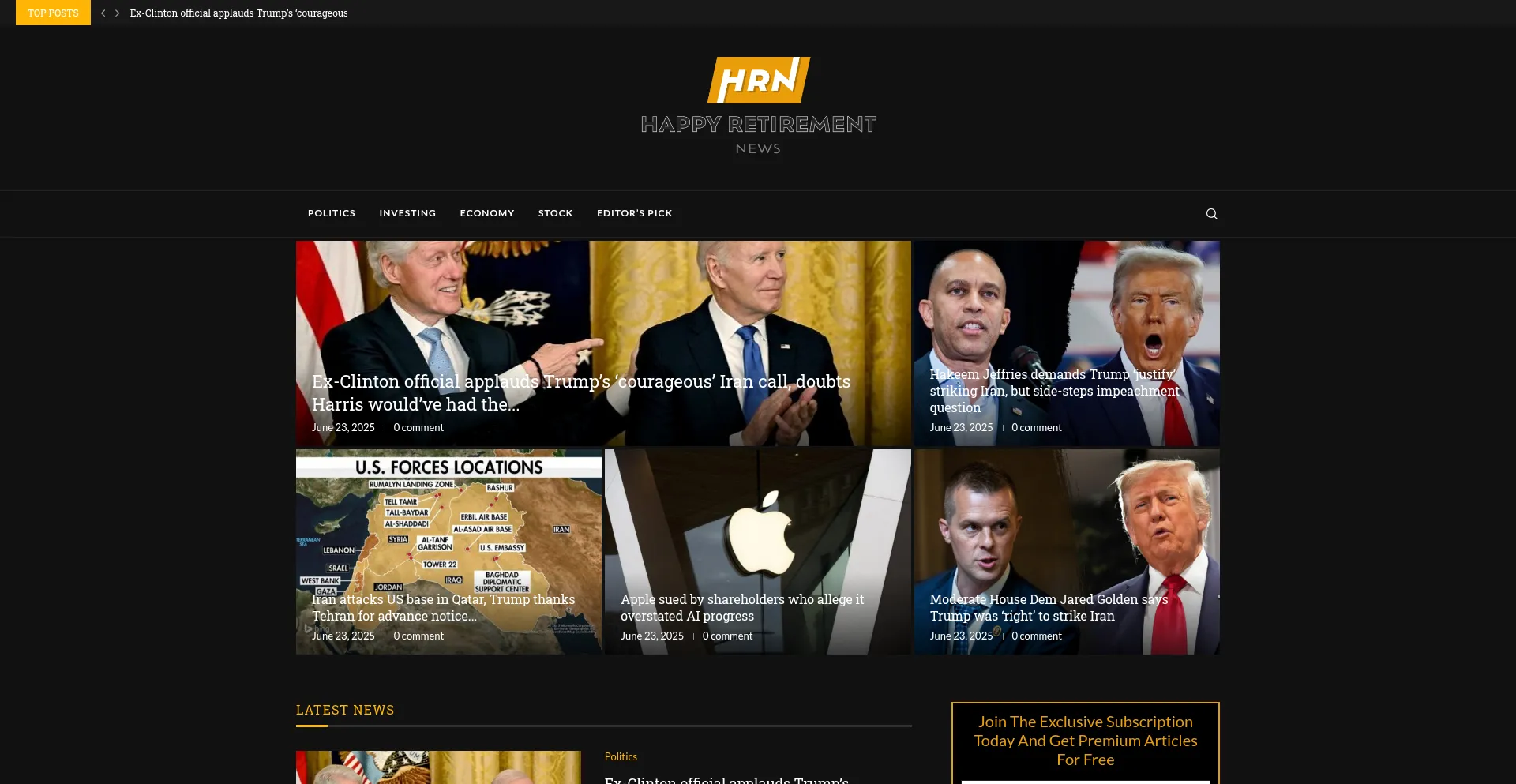 Website screenshot of Happyretirementnews.com
