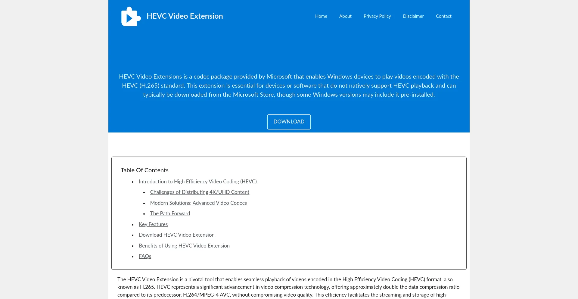 Website screenshot of Hevcvideoextension.com