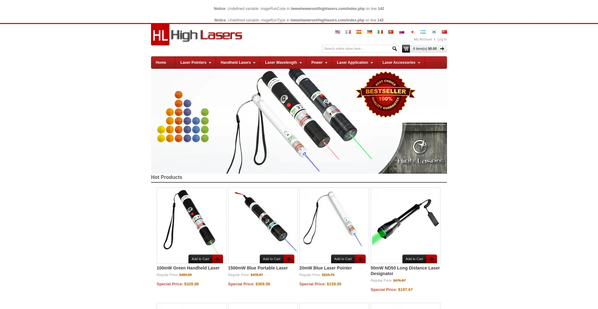Website screenshot of Highlasers.com