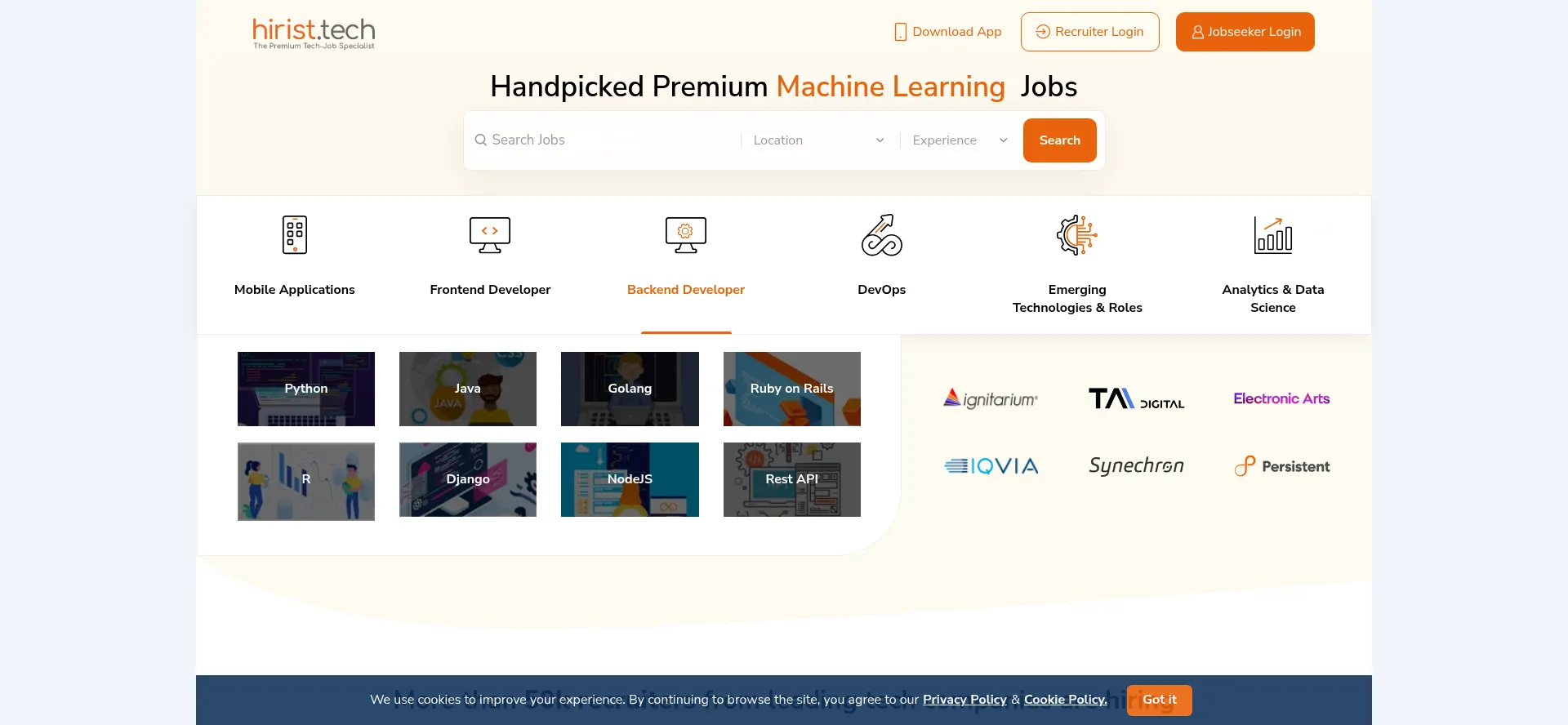 Website screenshot of Hirist.com