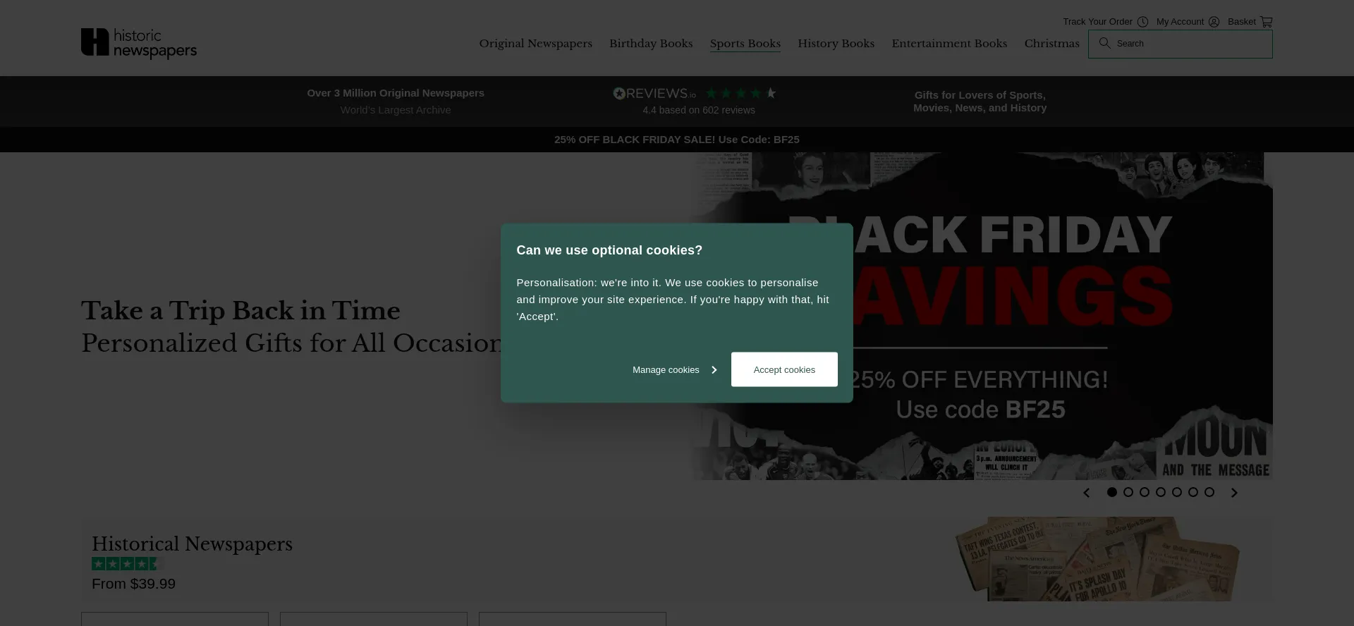 Website screenshot of Historic-newspapers.com