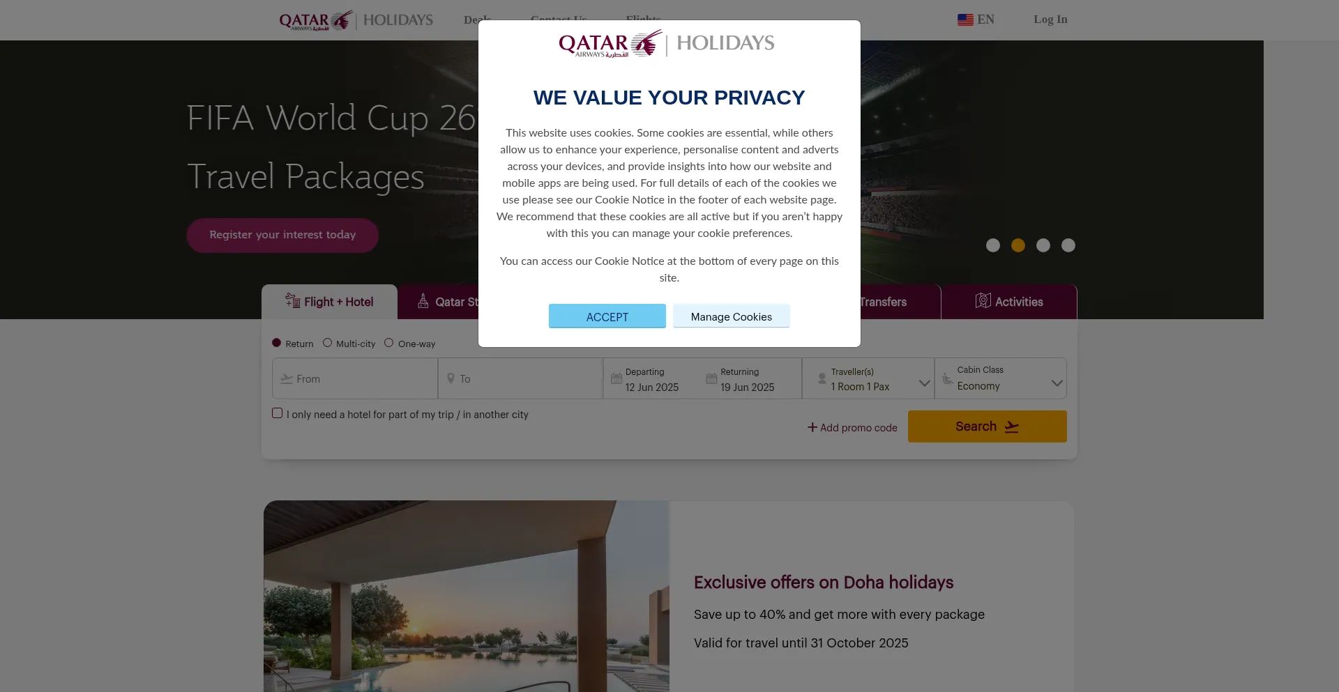 Website screenshot of Holidays.qatarairways.com