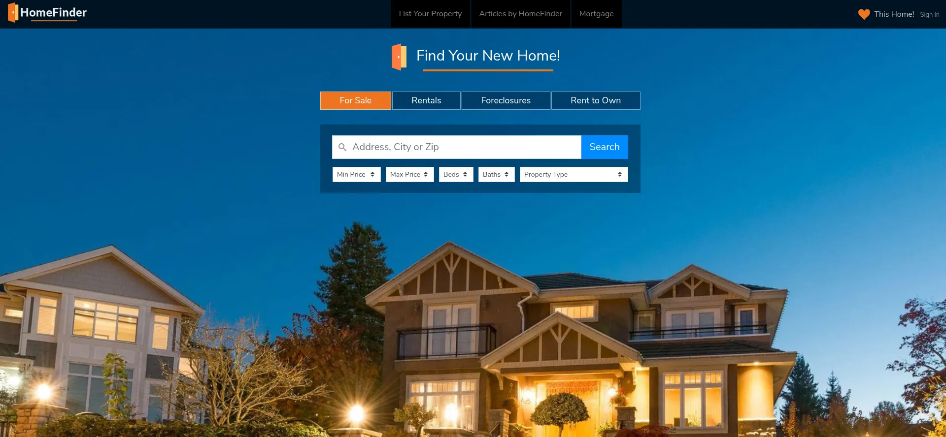 Website screenshot of Homefinder.com