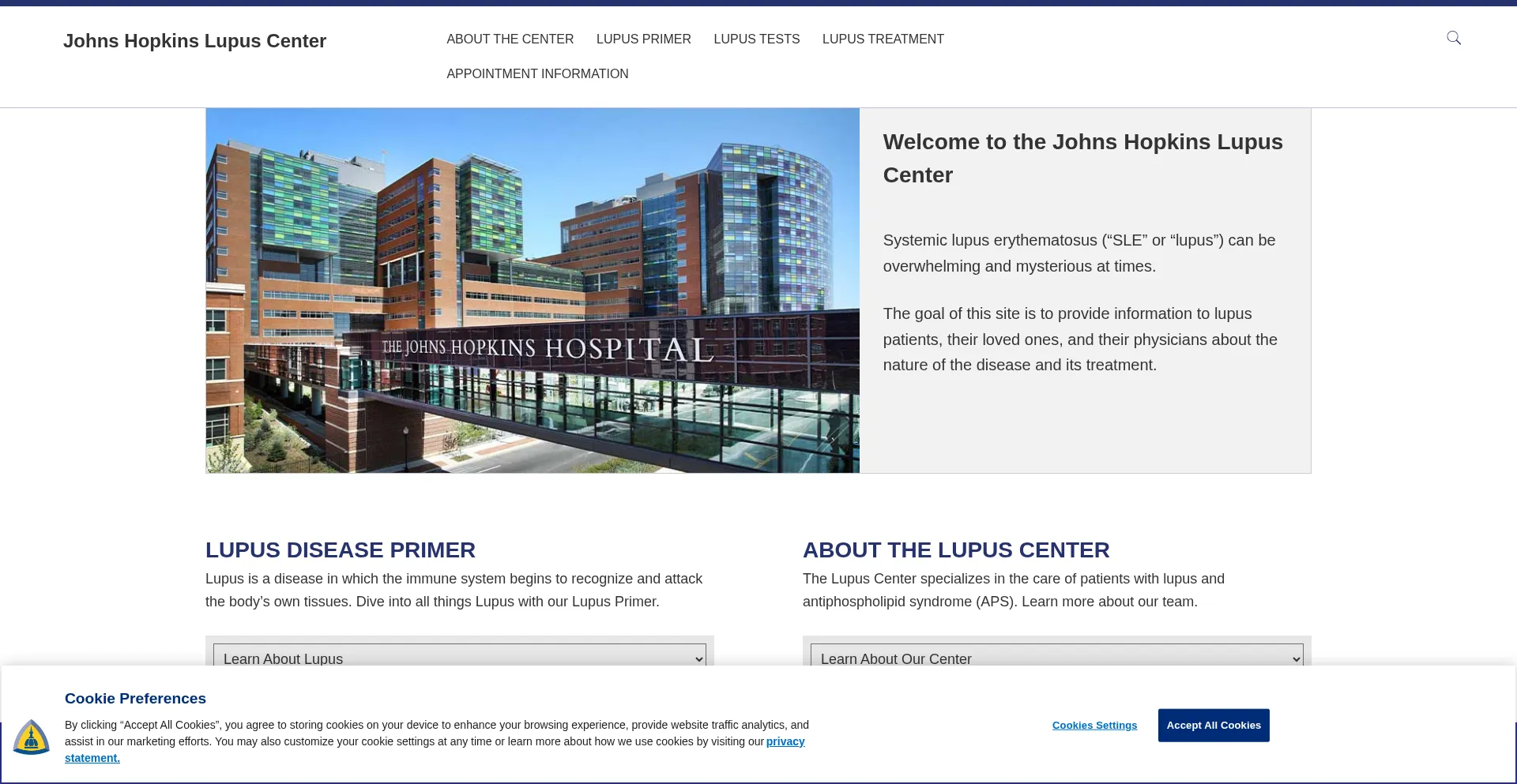Website screenshot of Hopkinslupus.org