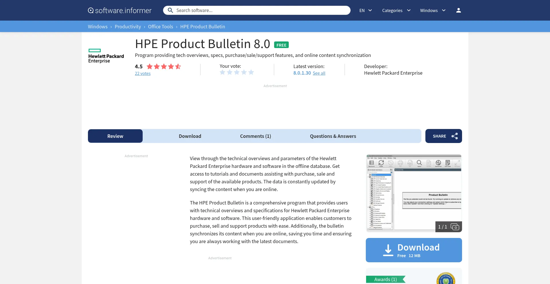 Website screenshot of Hpe-product-bulletin.software.informer.com