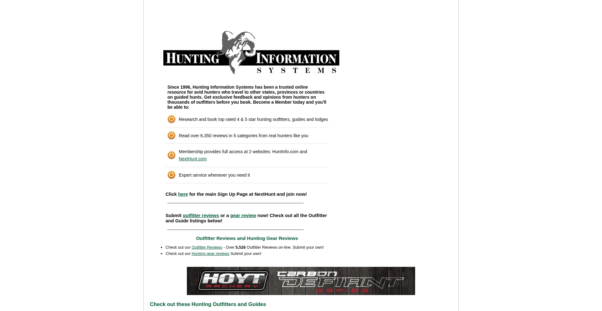 Website screenshot of Huntinfo.com