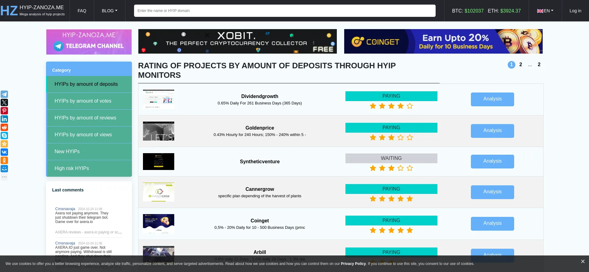Website screenshot of Hyip-zanoza.me