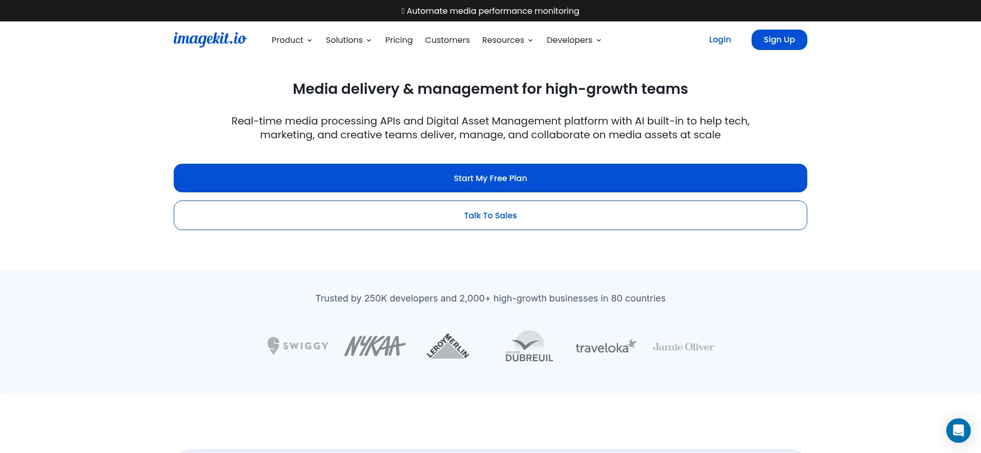 Website screenshot of Imagekit.io