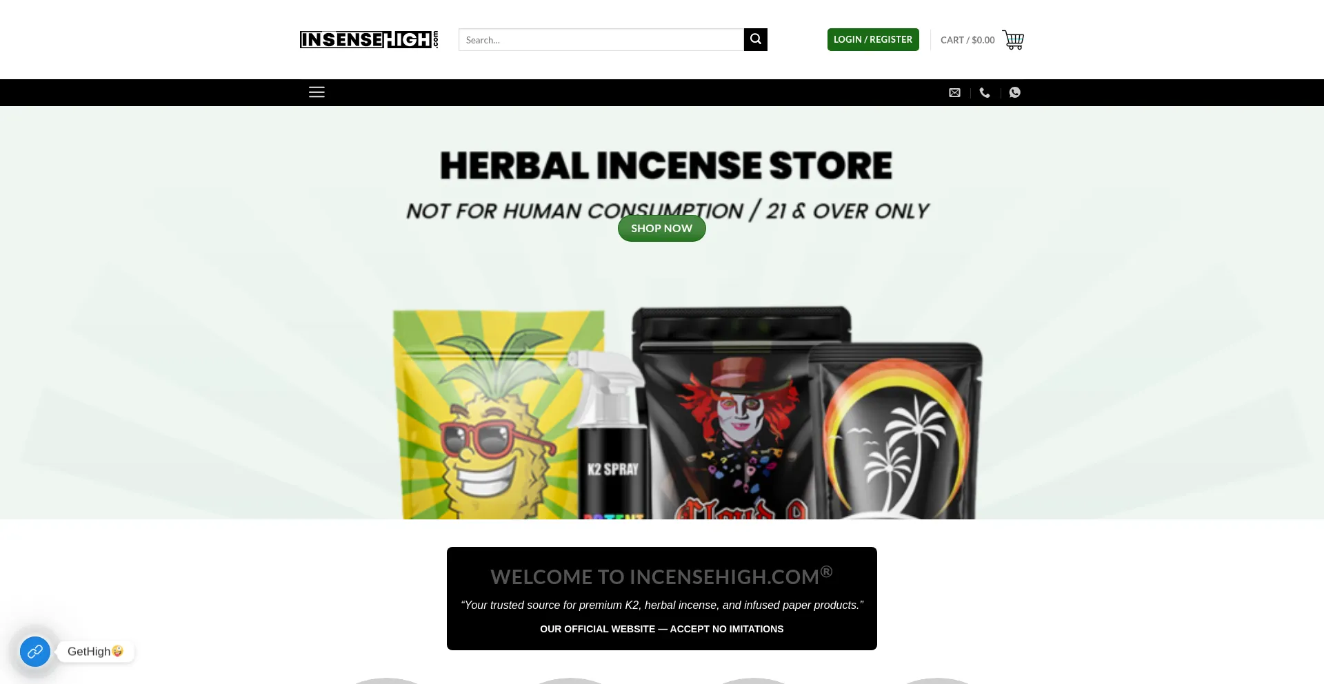 Website screenshot of Incenceshigh.com