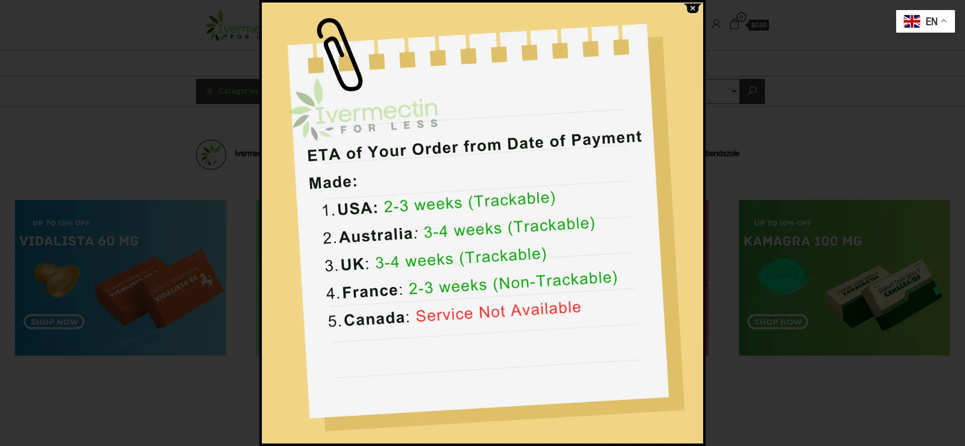 Website screenshot of Ivermectinforless.com