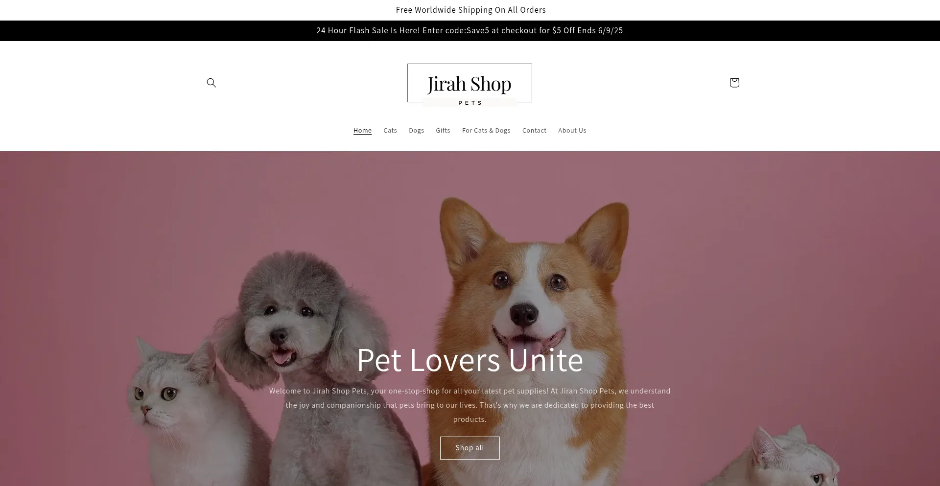 Website screenshot of Jirahshoppets.com