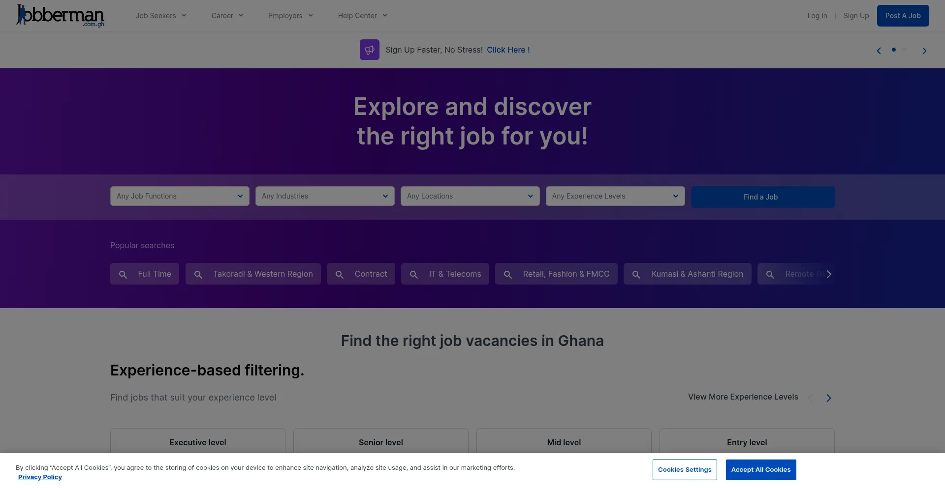 Website screenshot of Jobberman.com.gh