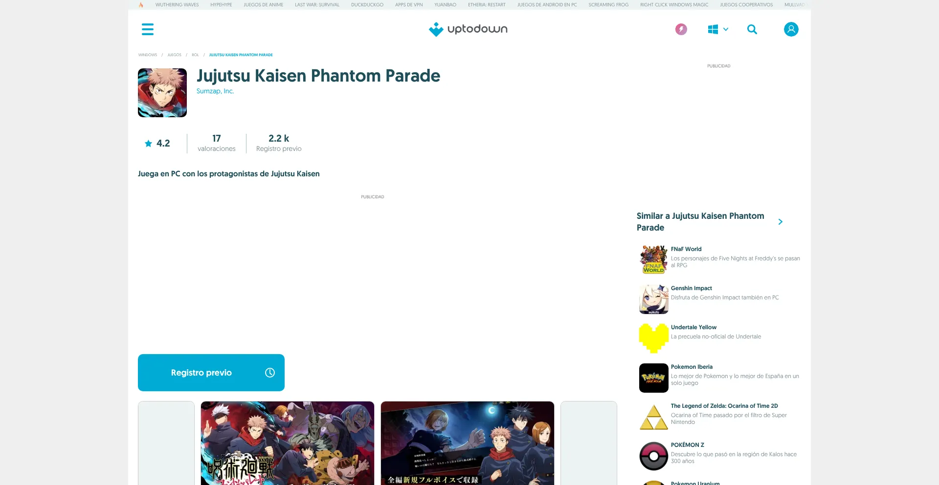 Website screenshot of Jujutsu-kaisen-phantom-parade-pc.uptodown.com