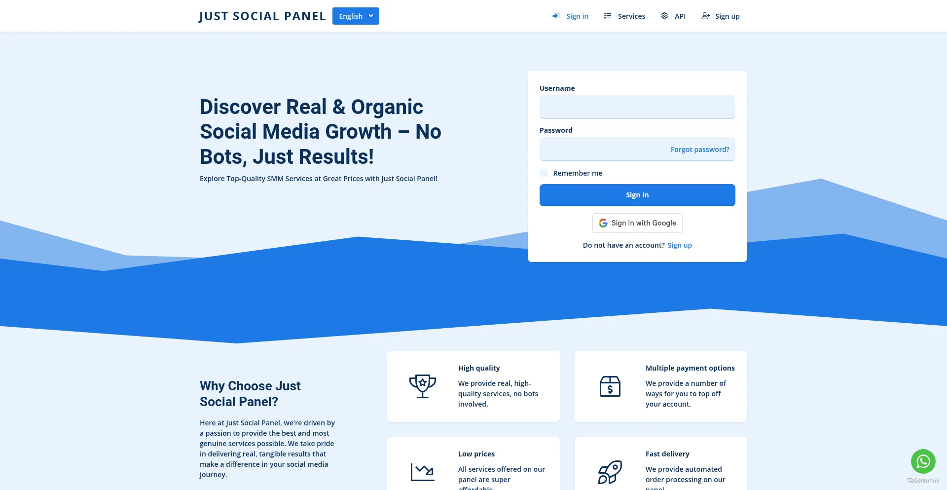 Website screenshot of Justsocialpanel.com