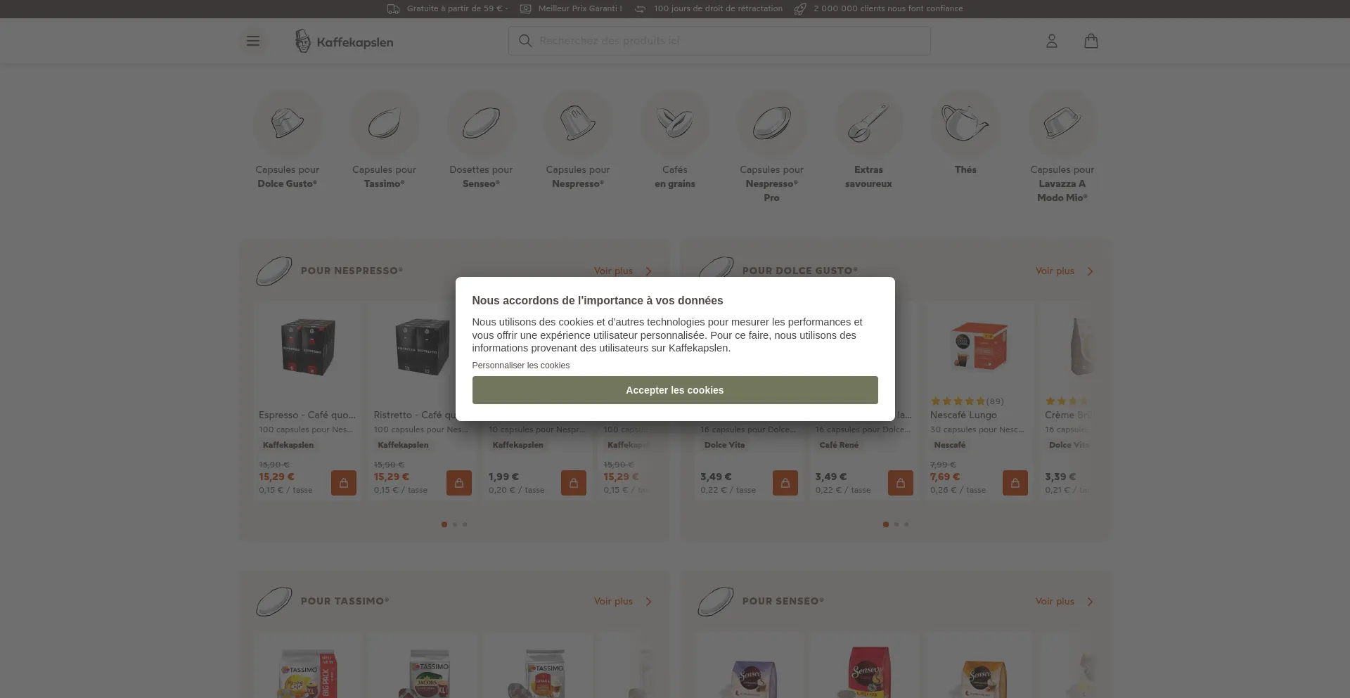 Website screenshot of Kaffekapslen.fr