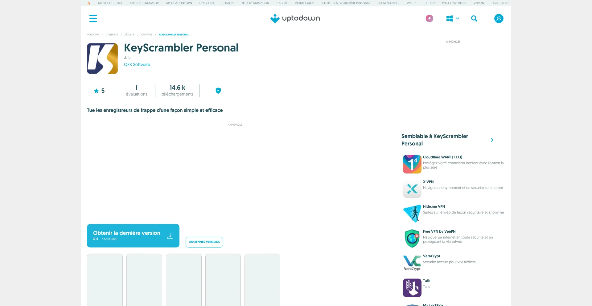 Website screenshot of Keyscrambler-personal.fr.uptodown.com