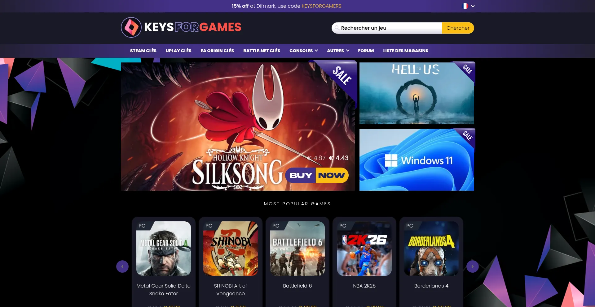 Website screenshot of Keysforgames.fr