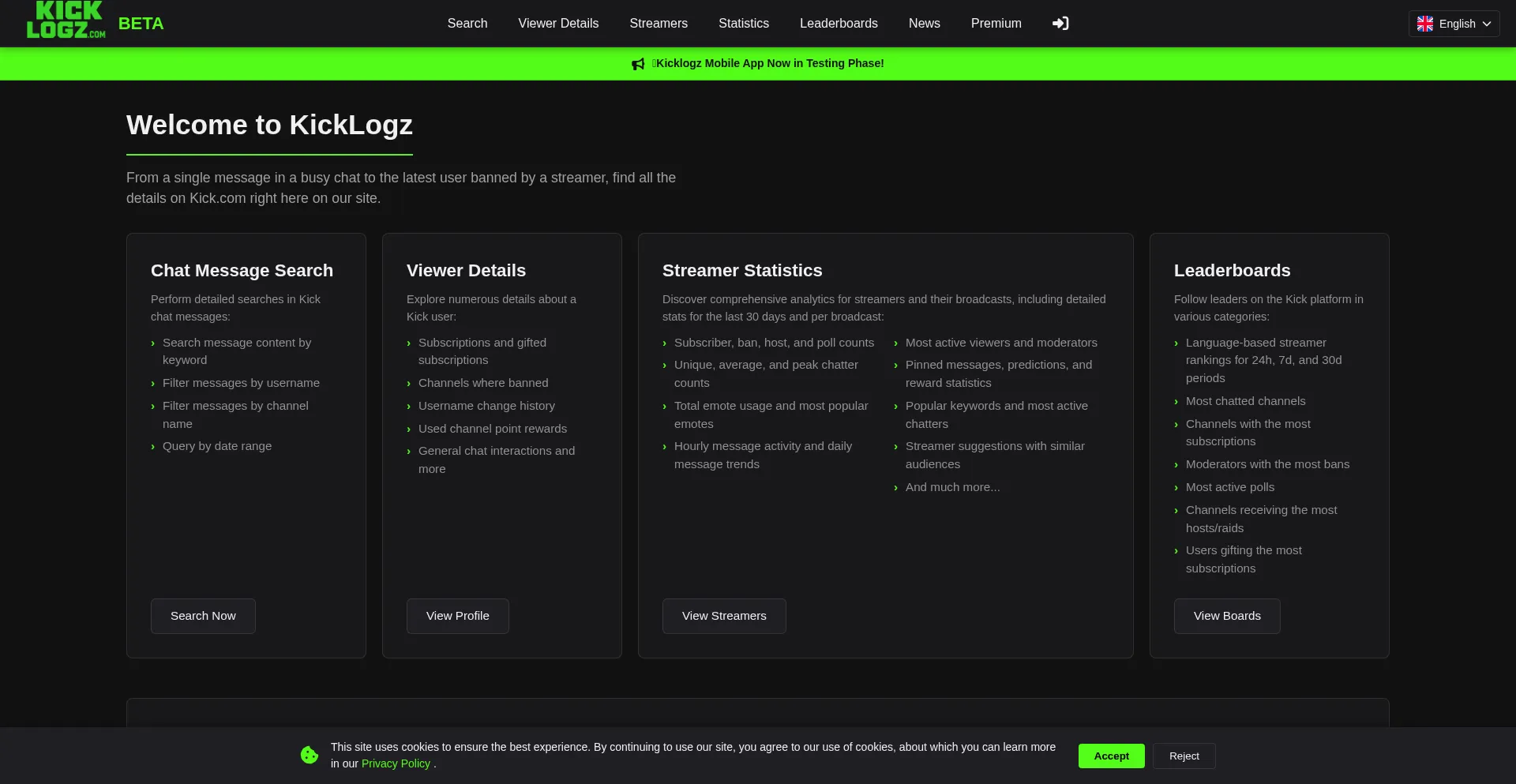 Website screenshot of Kicklogz.com