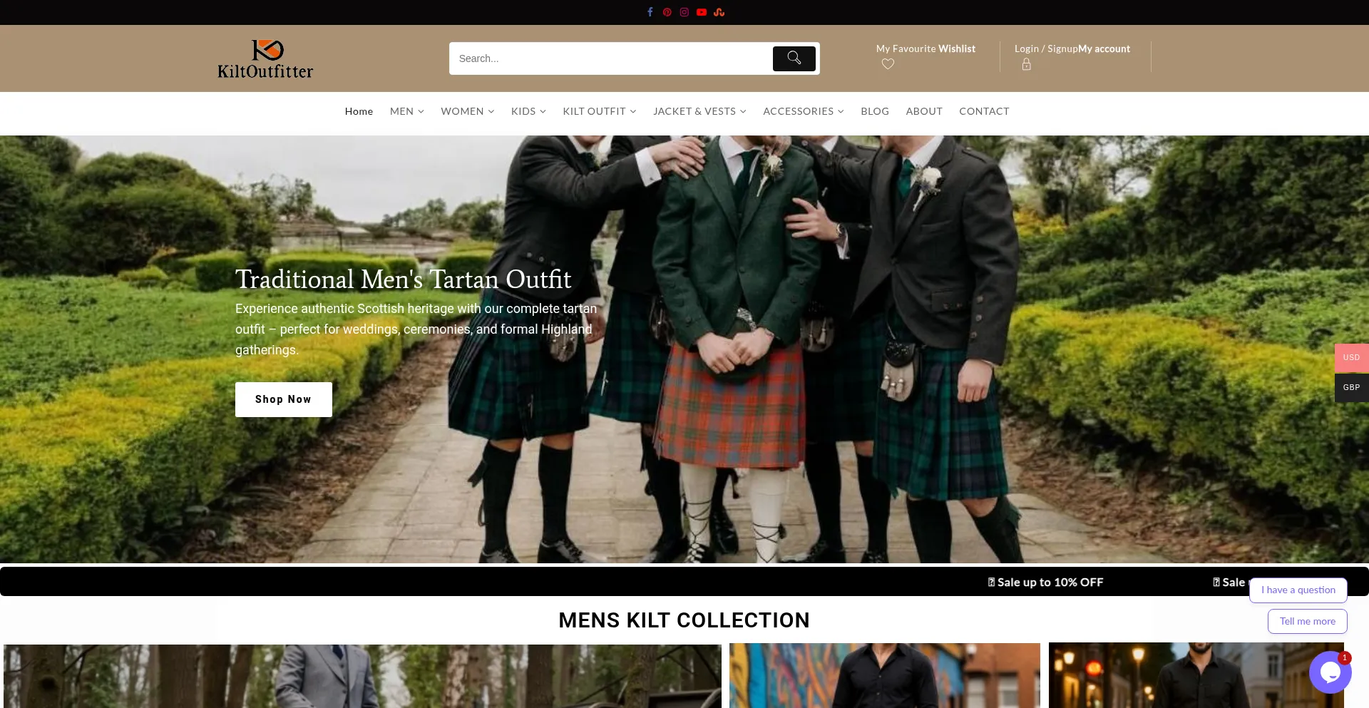 Website screenshot of Kiltoutfitter.com