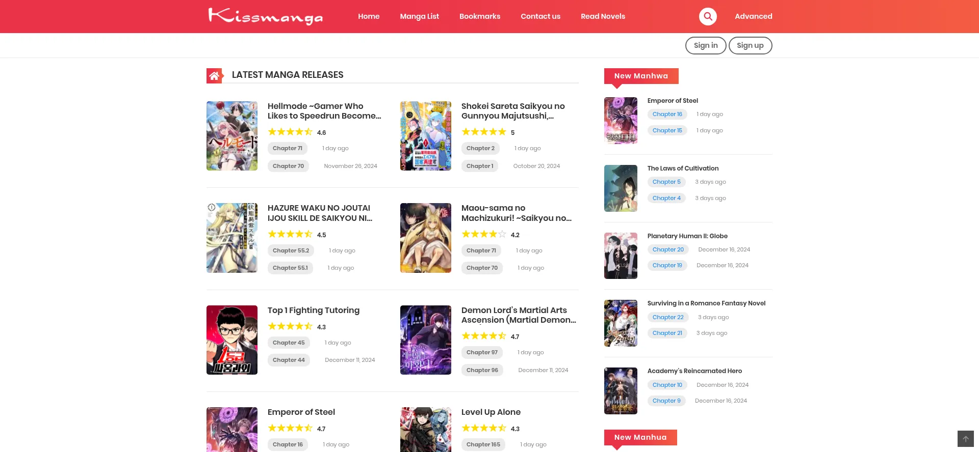 Website screenshot of Kissmanga.in
