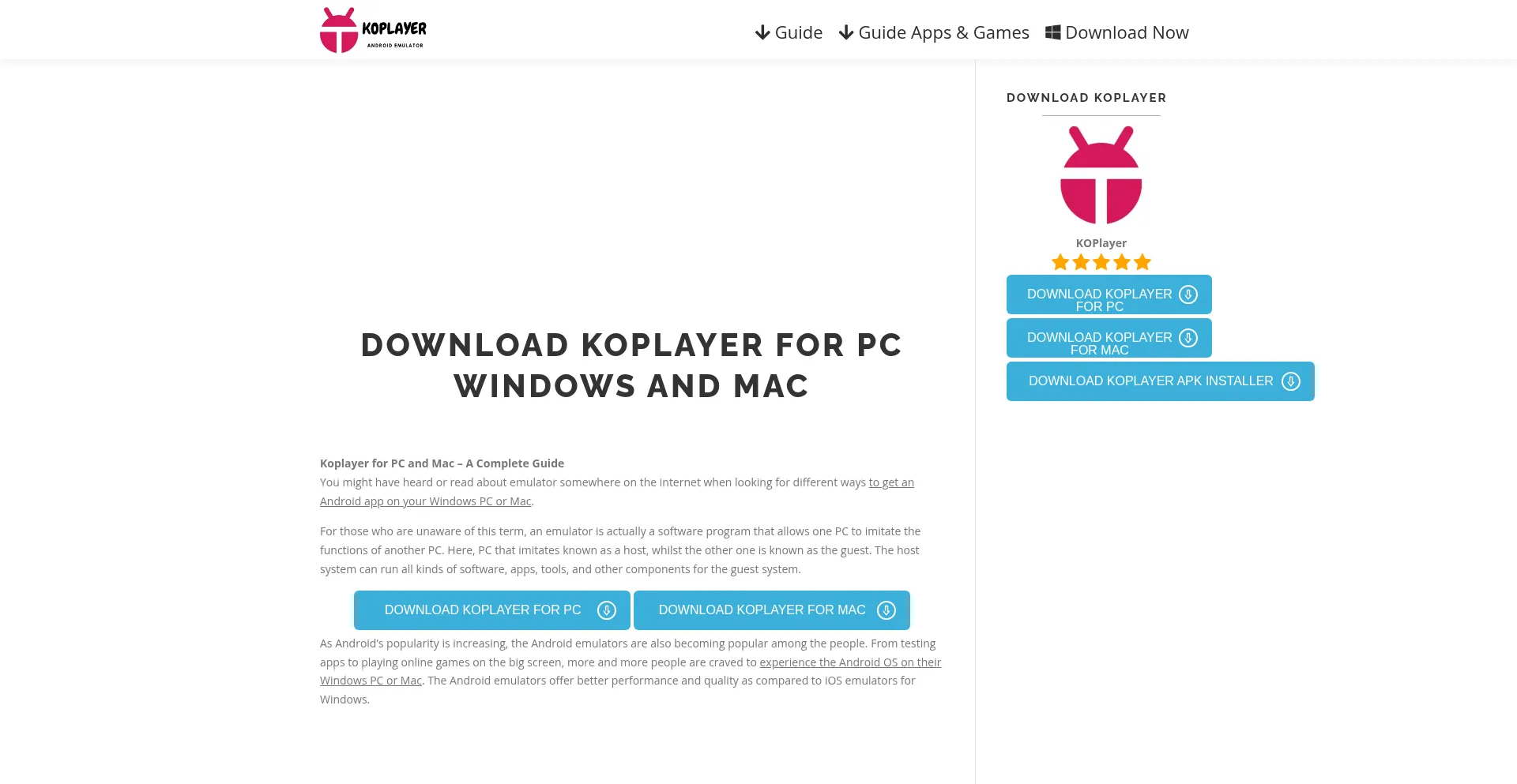 Website screenshot of Koplayerpc.com