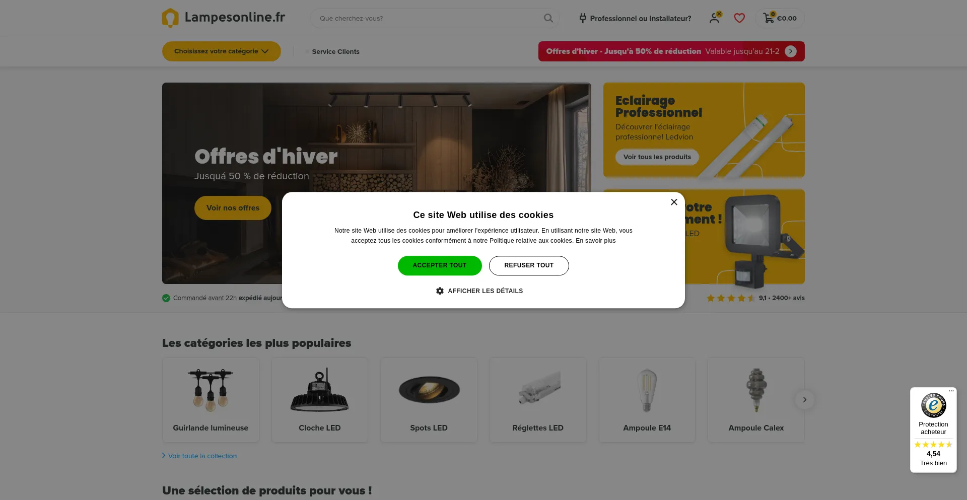 Website screenshot of Lampesonline.fr