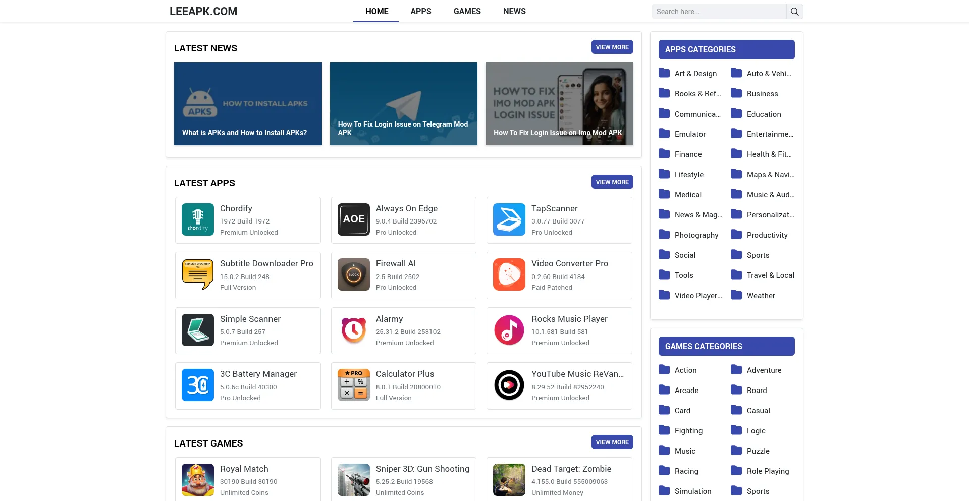 Website screenshot of Leeapk.com