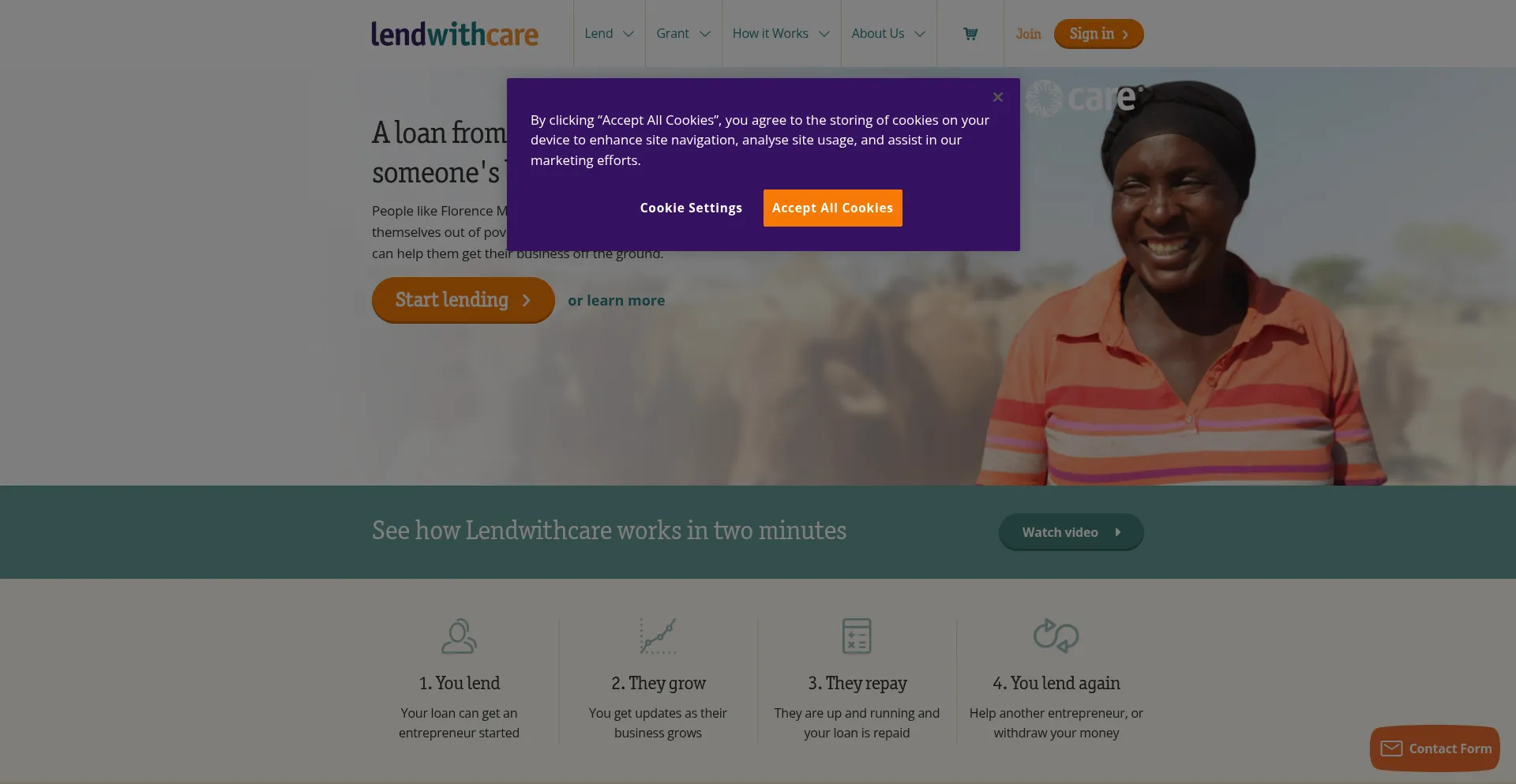 Website screenshot of Lendwithcare.org