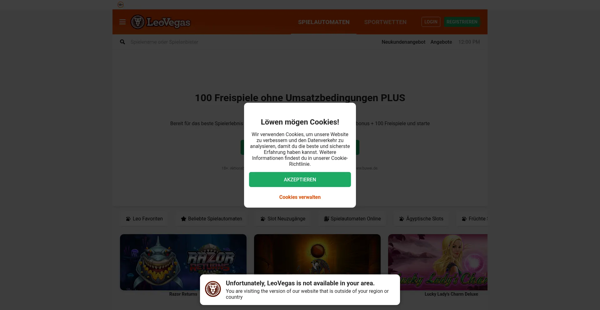 Website screenshot of Leovegas.de