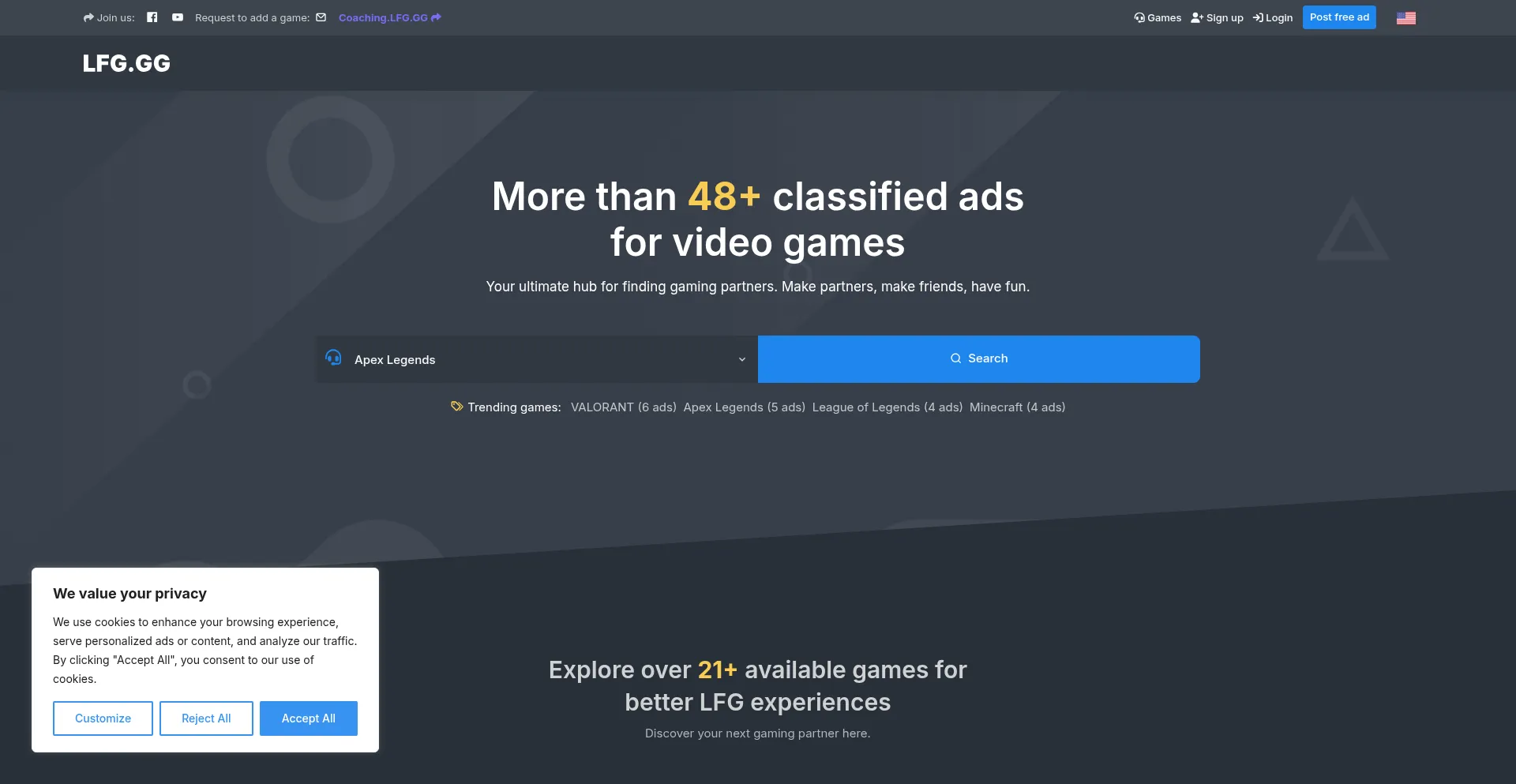 Website screenshot of Lfg.gg