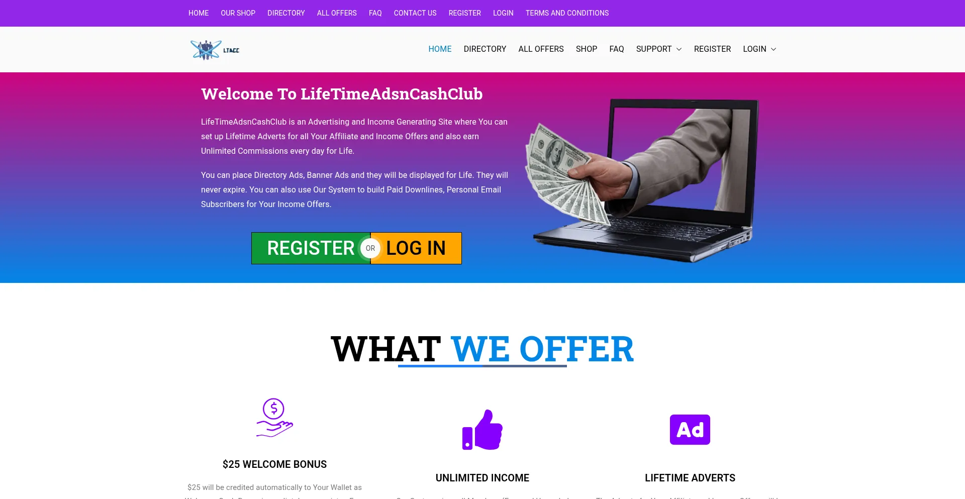 Website screenshot of Lifetimeadsncashclub.com