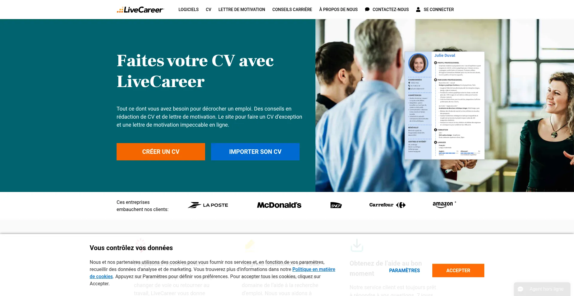 Website screenshot of Livecareer.fr