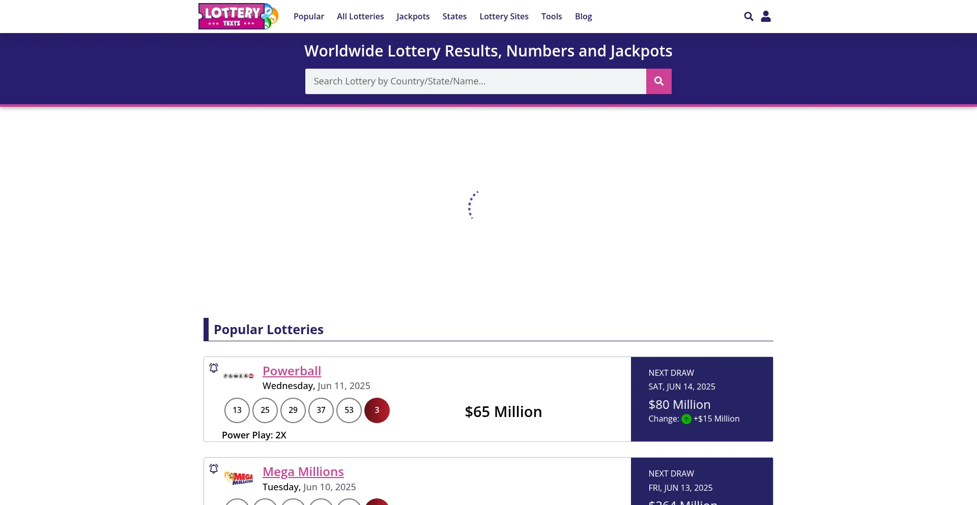 Website screenshot of Lotterytexts.com