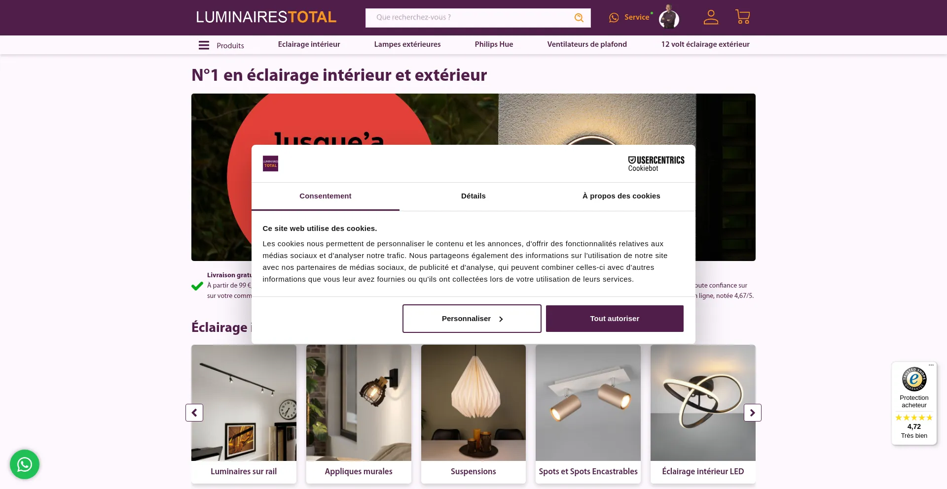 Website screenshot of Luminairestotal.fr
