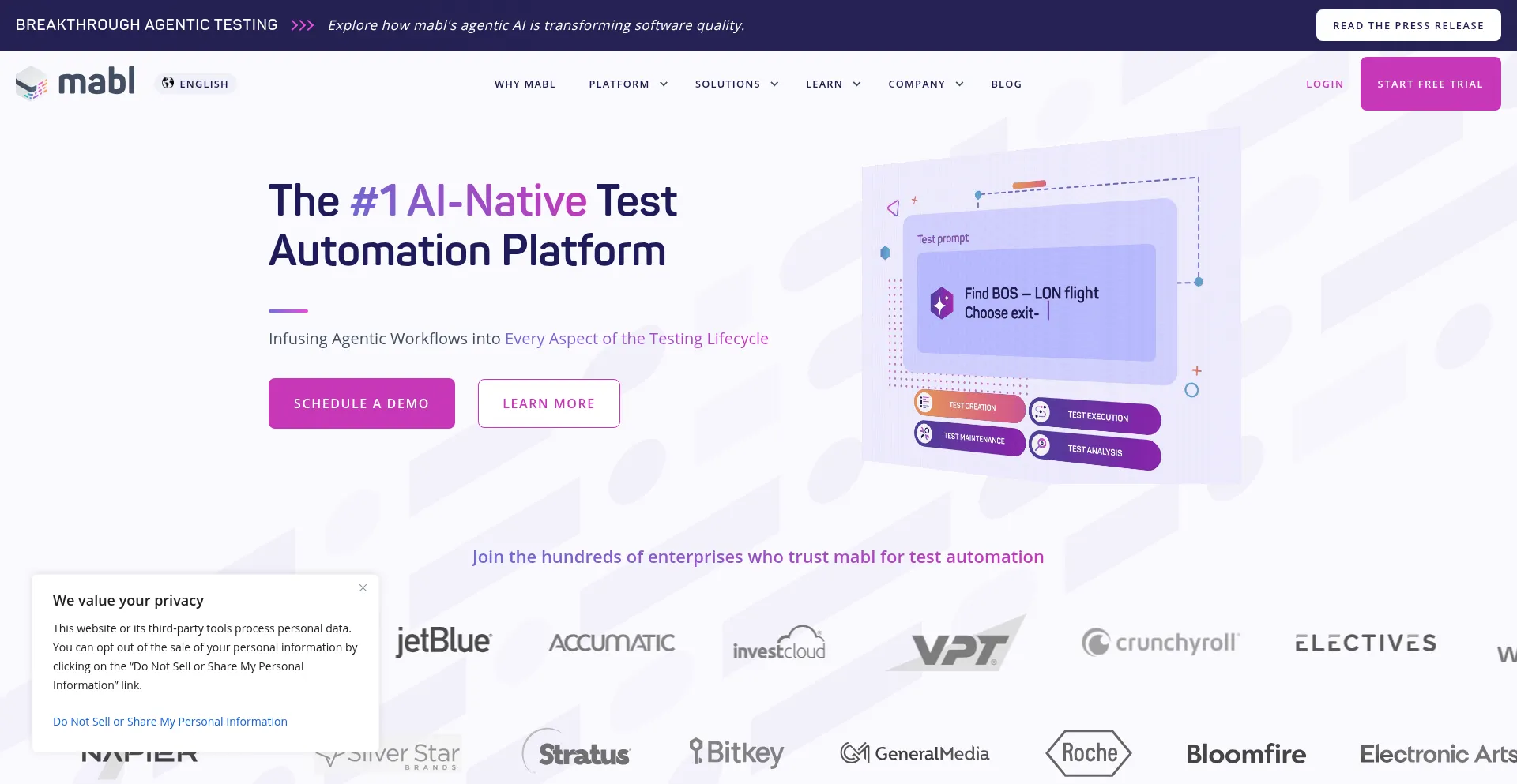 Website screenshot of Mabl.com
