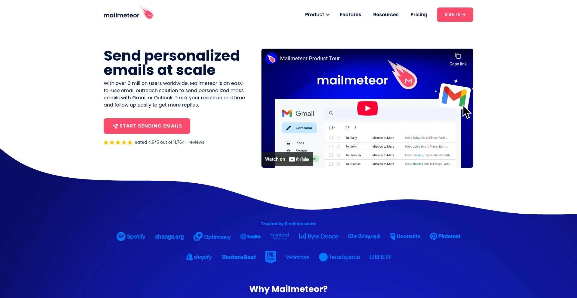 Website screenshot of Mailmeteor.com