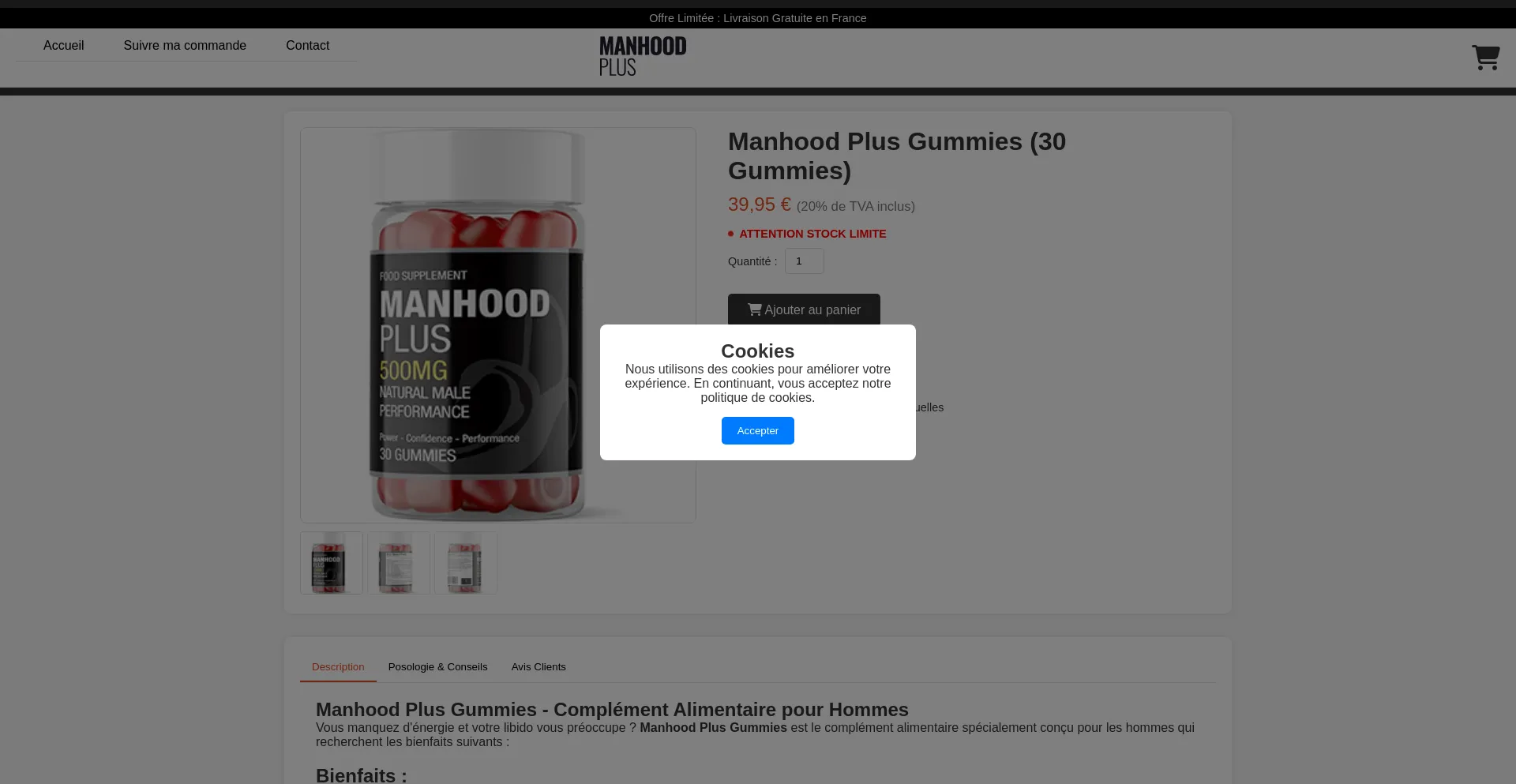 Website screenshot of Manhoodplus-fr.com